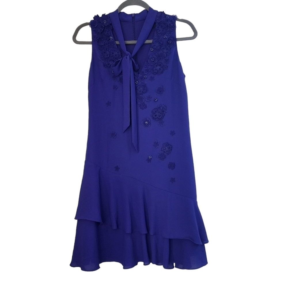 Karen Millen Purple Floral Applique Mini Dress Event Cocktail Party Wedding Gues